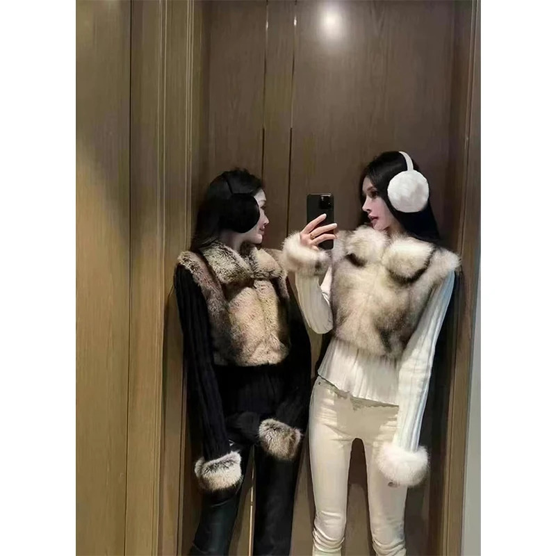 MEXZT Y2K Knitted Cardigan Women Vintage Faux Fur Patchwork Sweater Outerwears Gyaru Black Knitwears Winter Korean Jumpers 251016