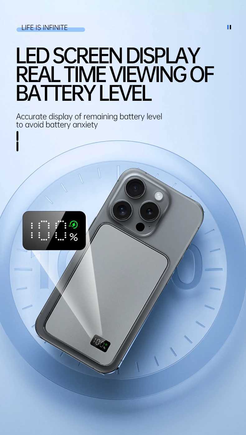 Ultra Thin Magnetic Power Bank Wireless Fast Charging Clear LED Display Portable for iPhone AirPods J251114