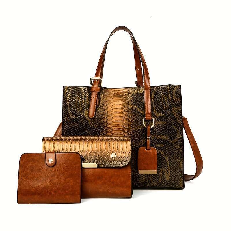 3-Piece Set Women's Crocodile Pattern Handbags, Stylish Faux Leather Tote With Matching Clutch & Wallet, Vintage Design Crossbody Bag