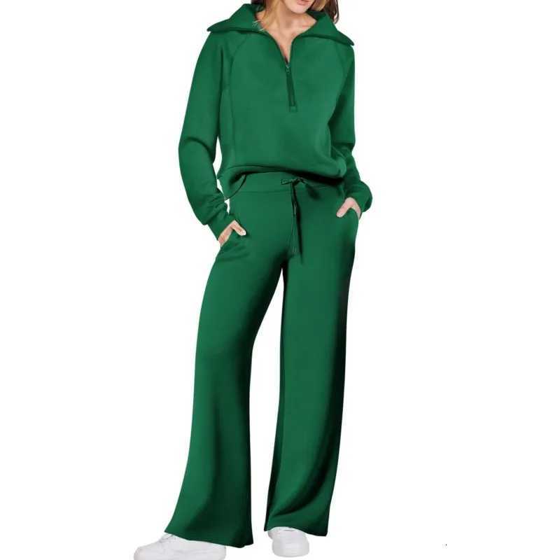Solid Twopiece set Women Fashion Long Sleeve Zipper Sweater Pullover Tie up Pocket Wide Leg Pant Suit Loose Casual Sport SetsT251022