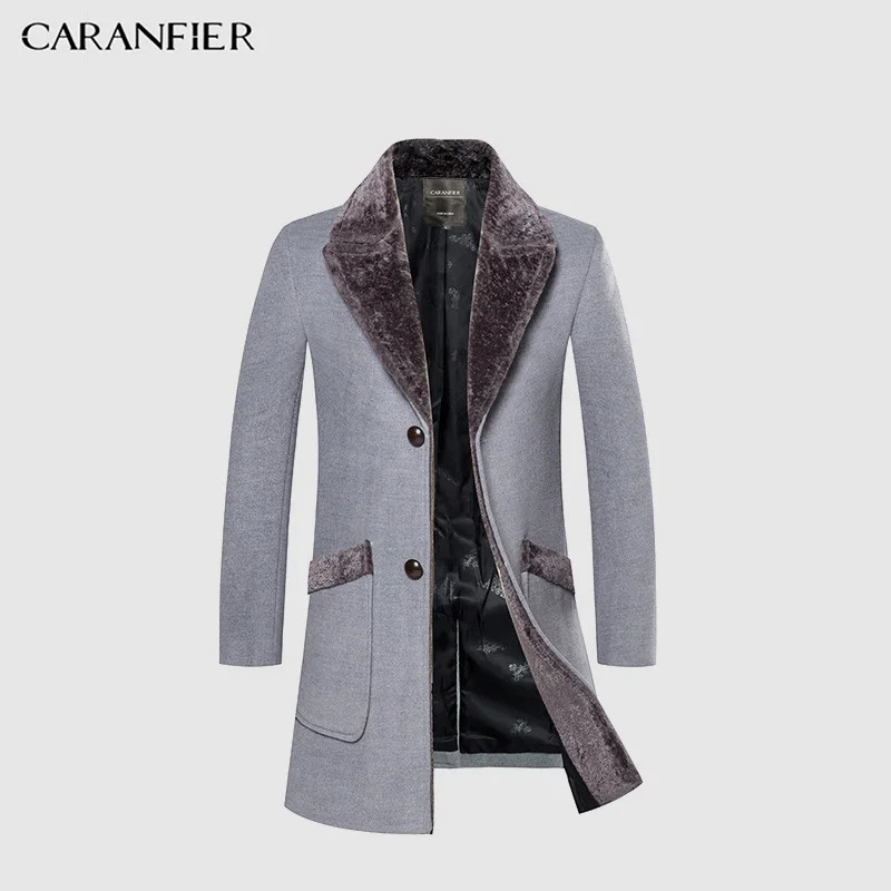 CARANFIER Arrival Winter Mens Long Woolen Coat Fur Collar Warm Wool Coats Male Solid Color Slim Casual Windbreaker Jacket 251017