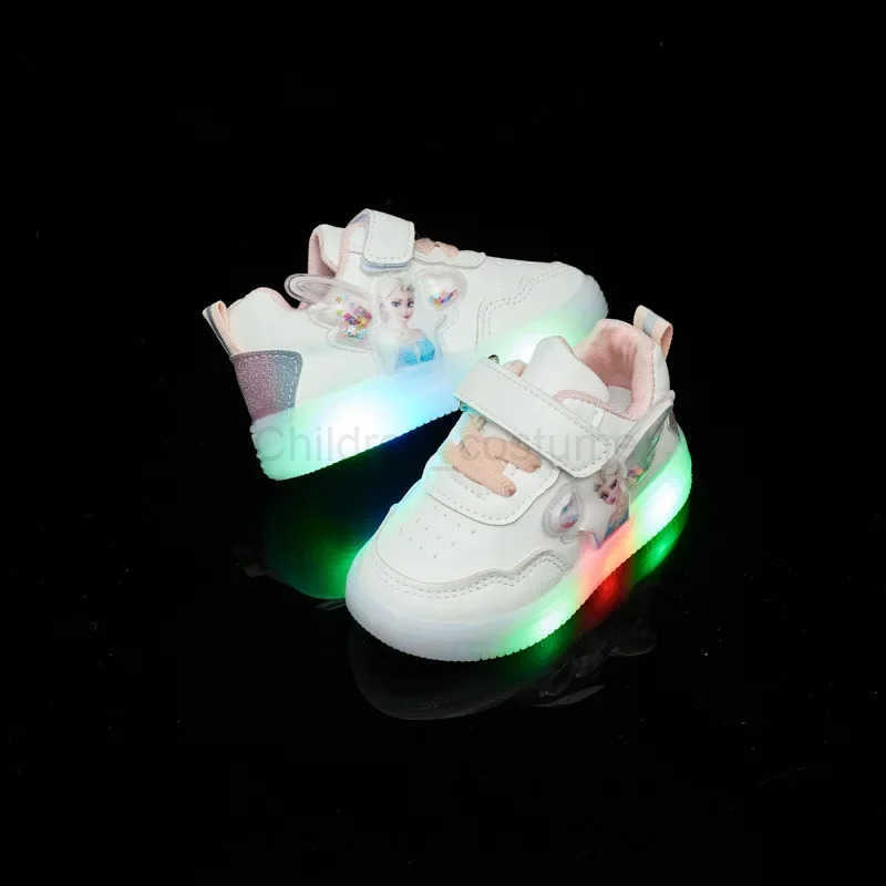 Disney Kids Girls Shoes 2024 Children Sneakers Girls Elsa Frozen Princess Casual Sport Shoes Student Shoes LED Lights Shoes H251022