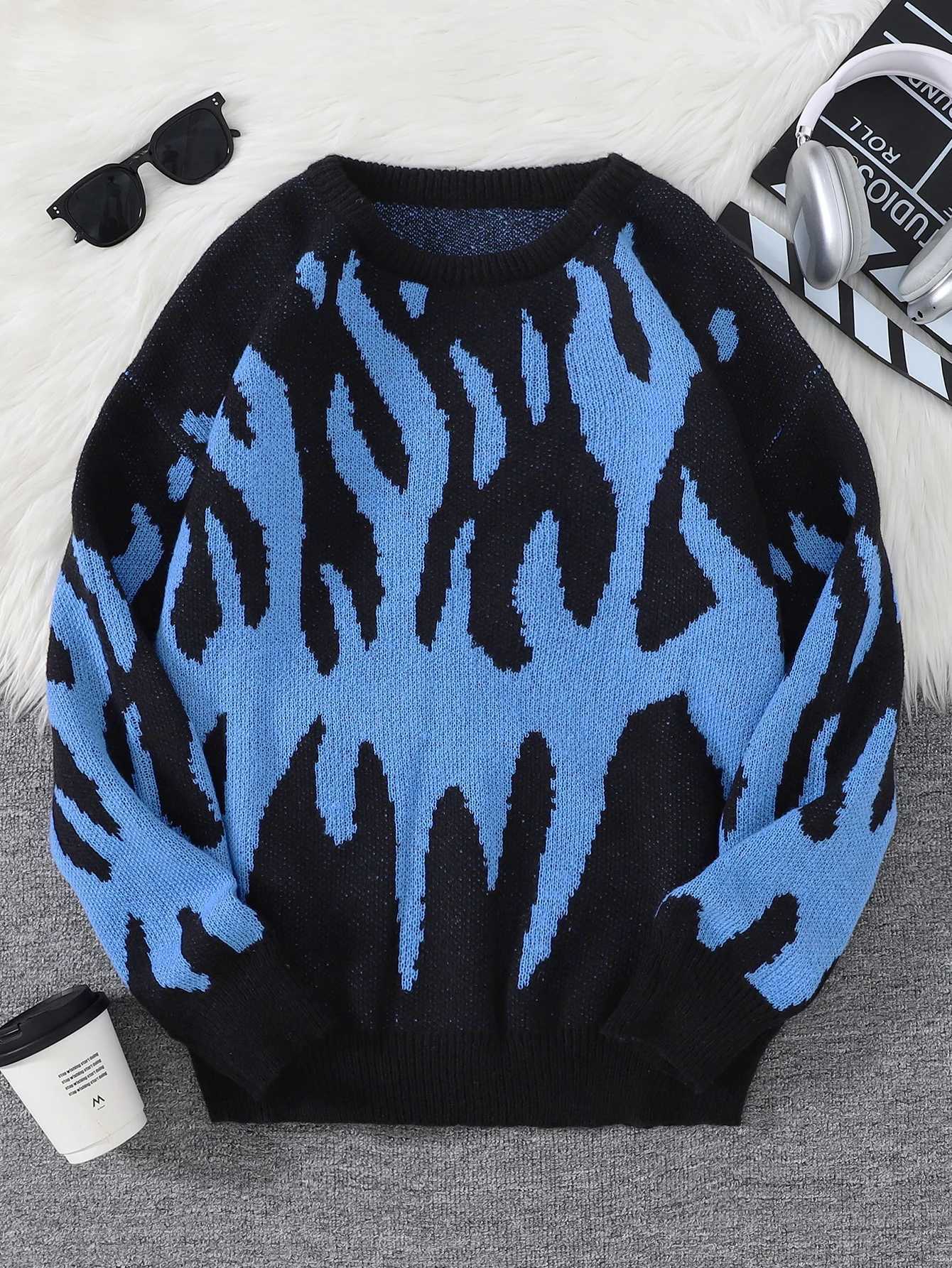 New Popular Fire Pattern Pullover Ripped Sweater Casual Round Neck Knitted Mens Gift PulloverXJ251022