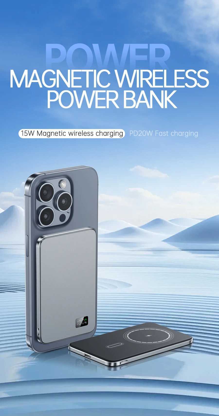 Ultra Thin Magnetic Power Bank Wireless Fast Charging Clear LED Display Portable for iPhone AirPods J251114