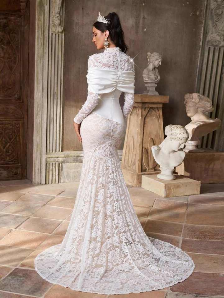 Vintage Mermaid Wedding Dress Long Sleeves High Neck Lace Pearls Bridal Gown Women Prom Dinner Party Customized