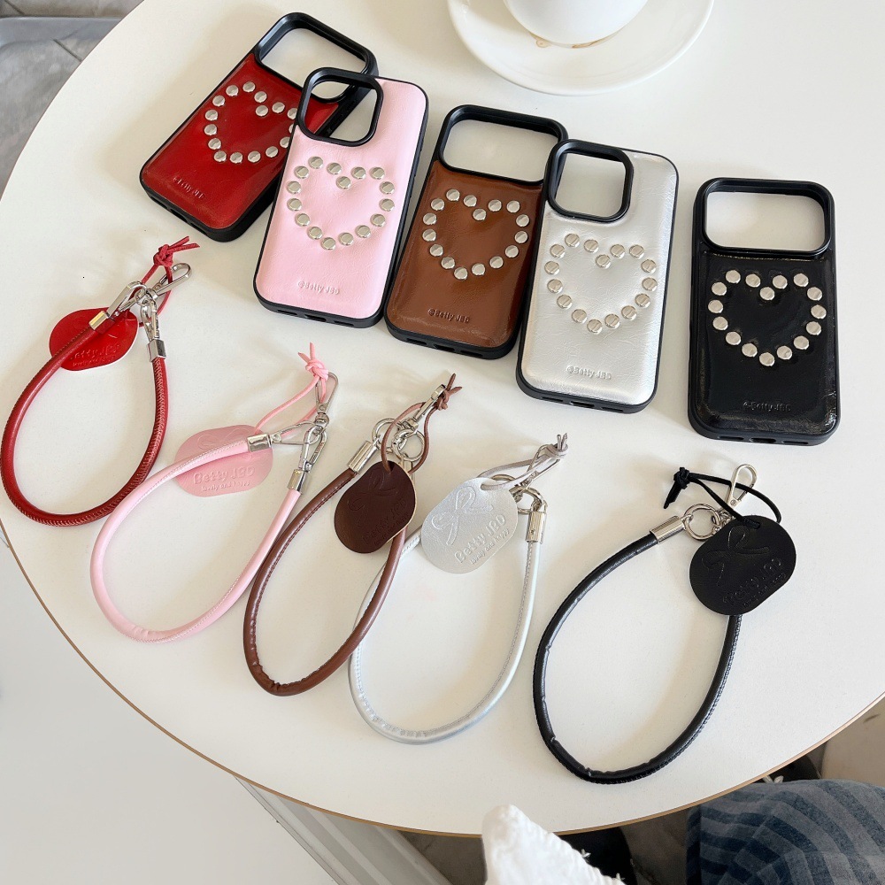 Oil Wax Leather Heart Rivet Phone Case Compatible with iPhone 17/16 Pro Simple Lanyard iPhone 15/14 Niche