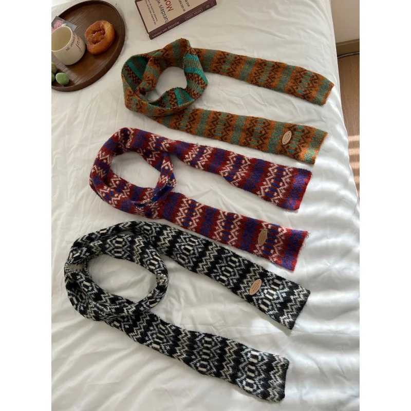 Korean Felted Retro Style Knitted Wool Scarf for Women Christmas Warmth Winter 2025 Narrow Long Knitted Scarf Women J251022