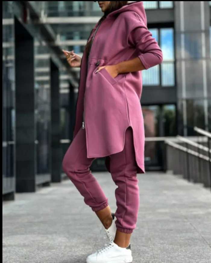 Pant Sets Women Hooded Zipper Long Coats Two Piece Suits Casual Straight Pants Thick Warm Coat Solid Sporty Autumn WinterT251022