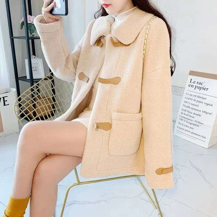 Lamb Veet Women's Small Size Autumn Winter New Korean Loose Versatile Button Long Sleeve Top Thickened Woolen Coat