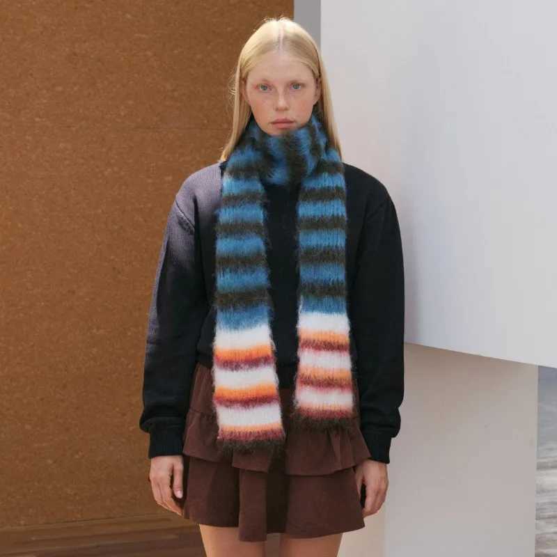 Korean Version Contrast Color Striped Knitted Scarf Women Soft Fluffy Rainbow Skinny Scarves Female Warm Muffler Autumn Winter J251022