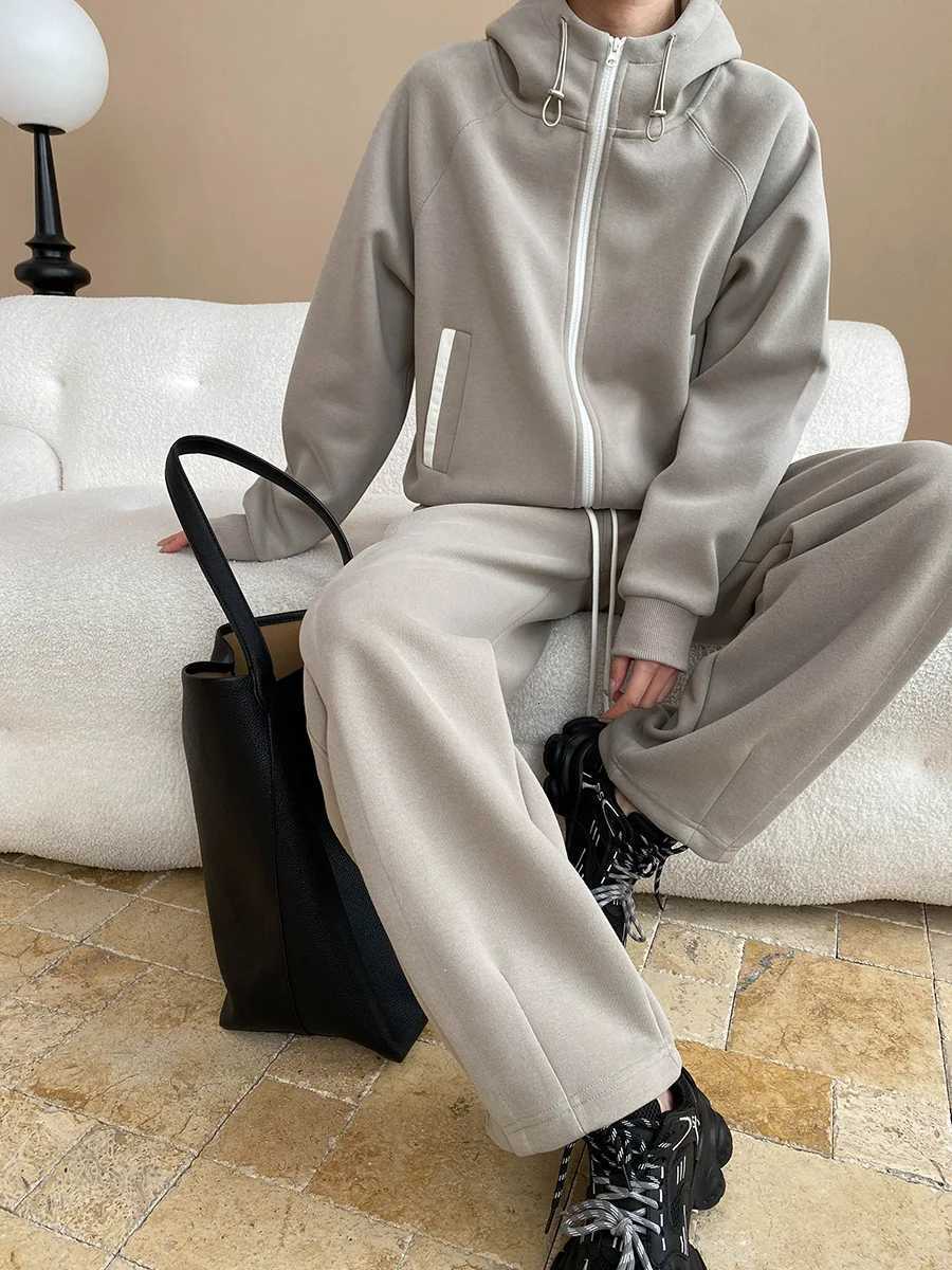 Spring and Autumn Womens Casual Solid Color Loose Hooded SweatshirtHigh Waist Loose Pants SetT251022