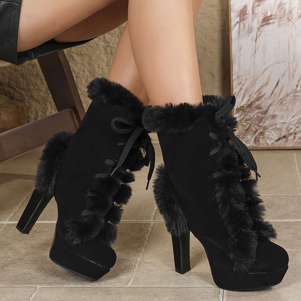 Women's With Thick Heels Chunky Round-Toe Warm Fau -Like Collar, Round-Heel Booties Wide Width Vailable For Ice & Snow - European-Inspired Cold-W