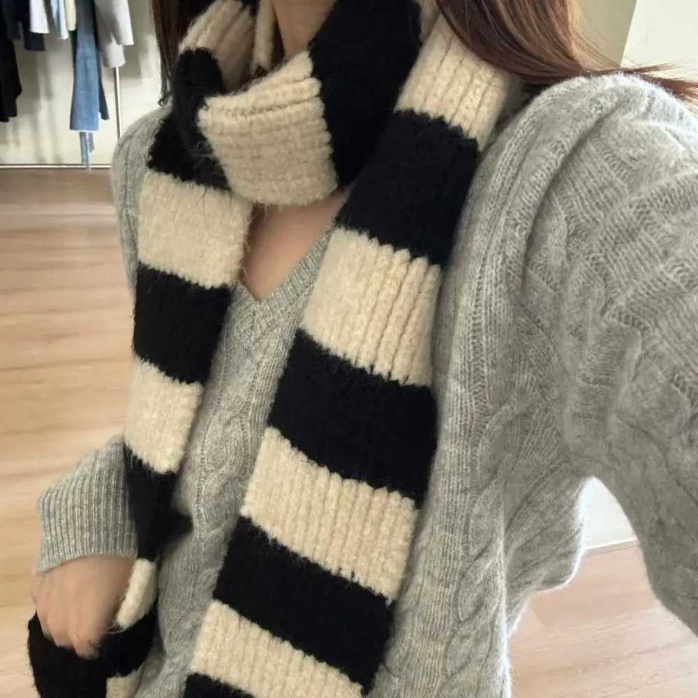Black White Stripe Wool Knitted Scarf Women Winter Korean Thick Warm Y2k Scarf Fashion Harajuku Knitted Scarf Christmas Gift J251022