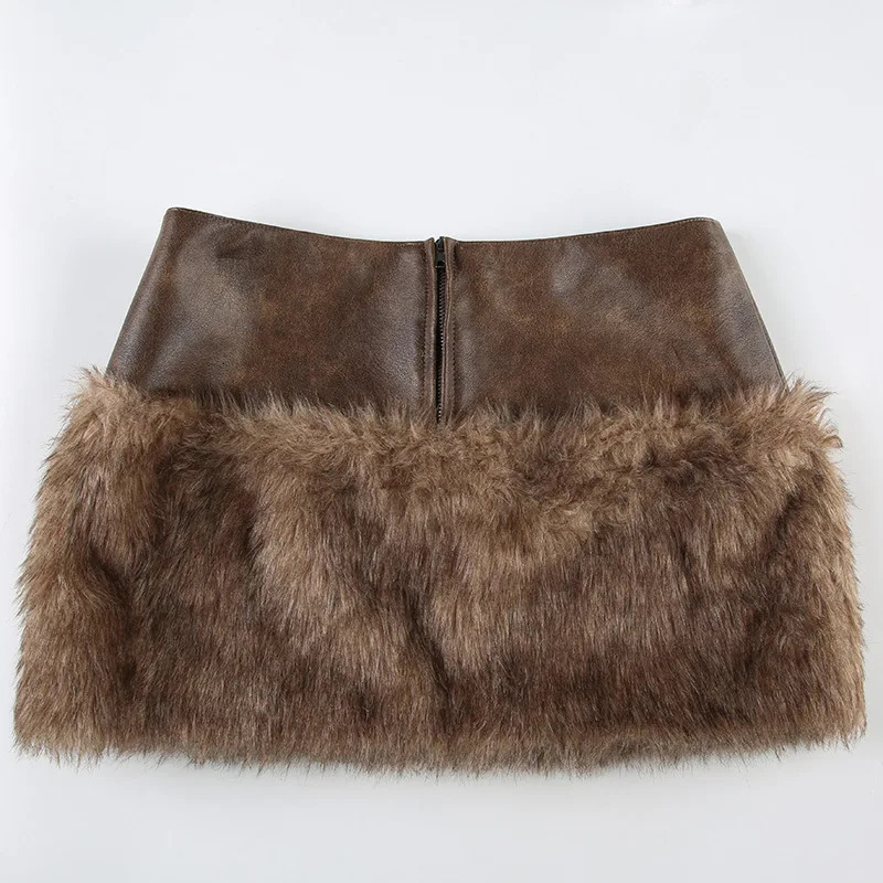 Sexy Brown PU Leather Fur Skirt Street Plush Zipper Splicing Hip Skirt for Women Winter 251022