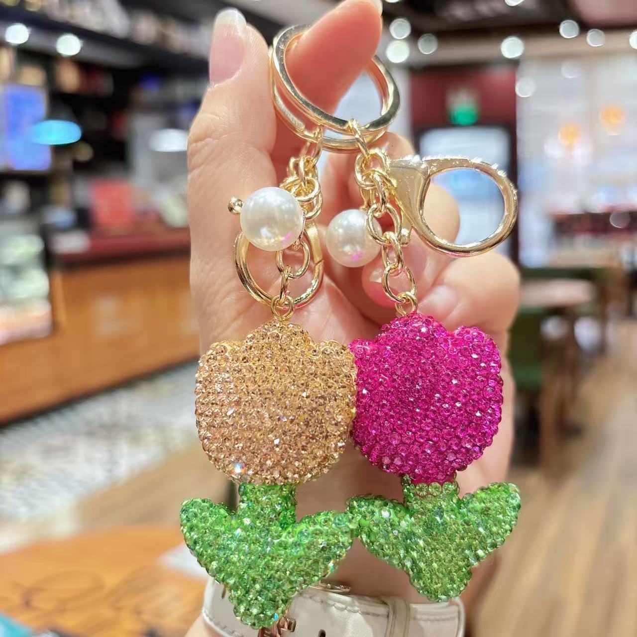 full ceramic tulip keychain fashionable personalized Inlaid diamond flower bag pendant couple gift
