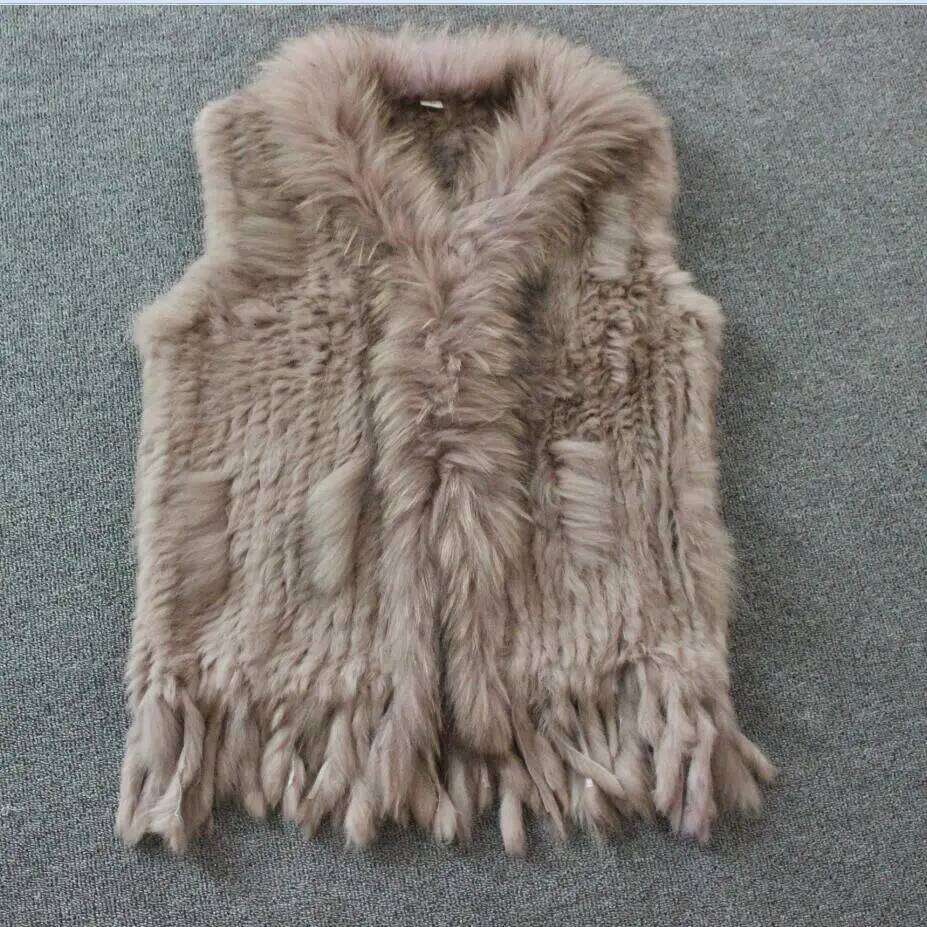 New Real ladies Genuine Knitted Rabbit Vest With Raccoon Trimming Waistcoat Winter Fur Jacket harppihop fur