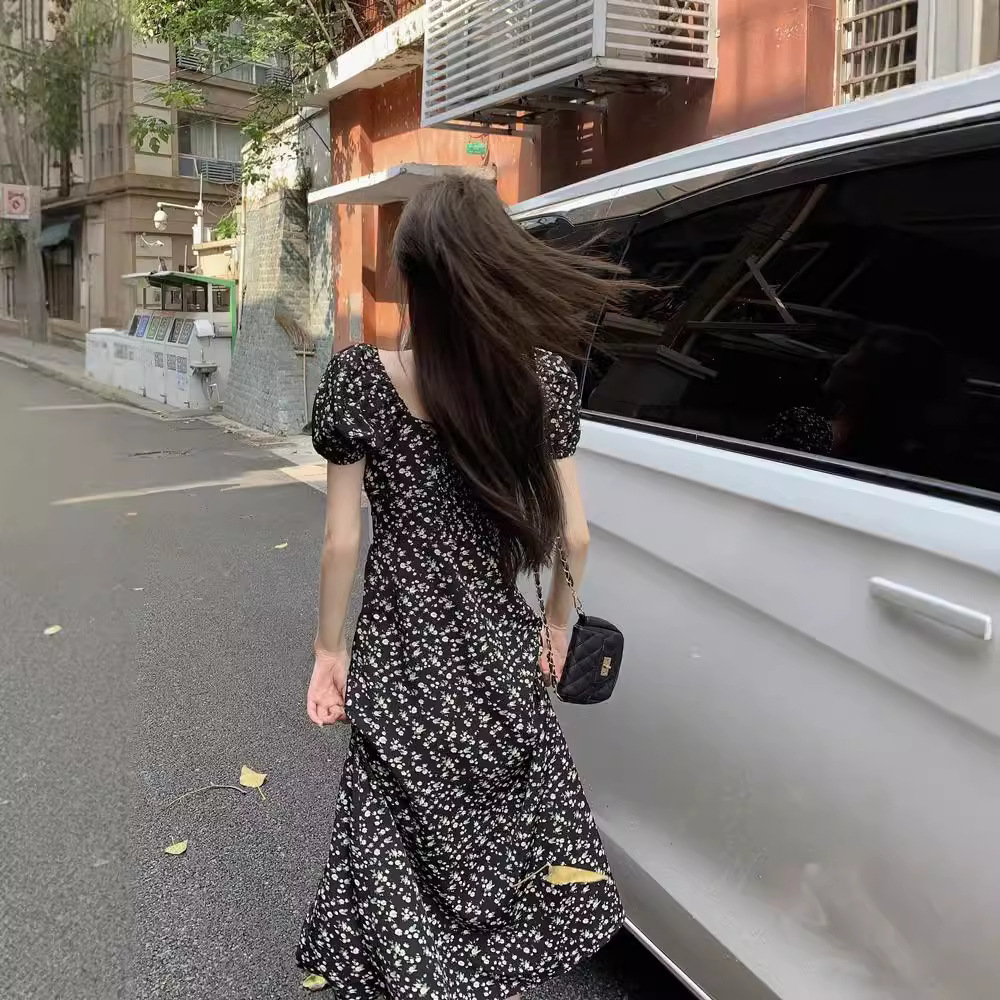 2025 French floral dress women's luxury spring and summer new black slit long skirt elegant designer design niche long skirt