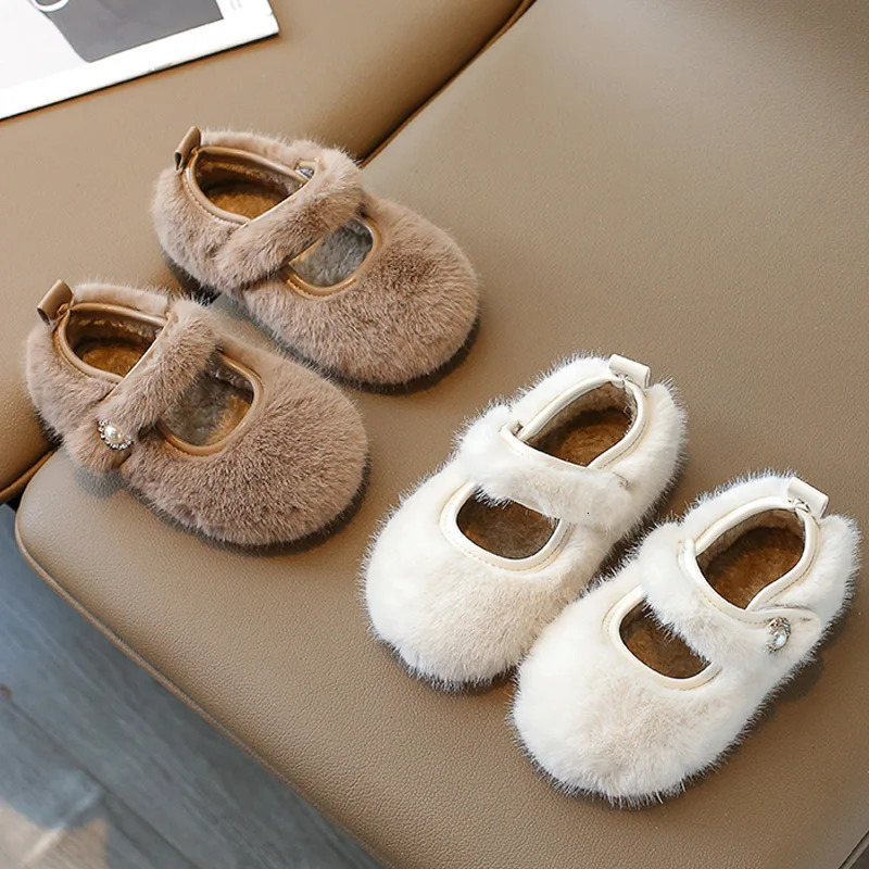 Manmade Mink Fur Ballet Flats for Baby Girls Winter Warm Loafers Kids Thick Plush Mary Jane Shoe With Rhinestone Buckles 251021