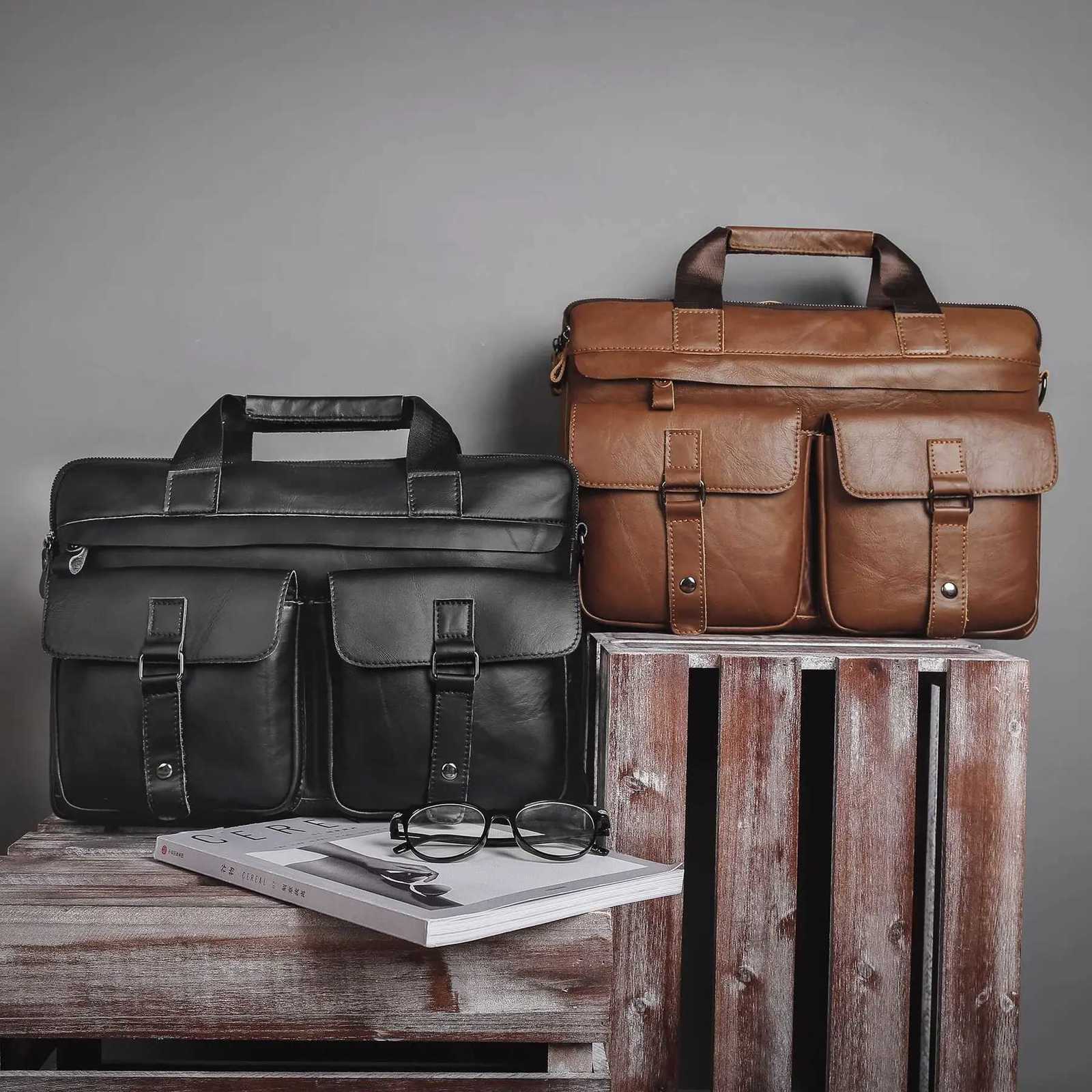 Retro genuine leather singleshoulder bag largecapacity business multipocket briefcase mens multifunctional laptop bag W251022