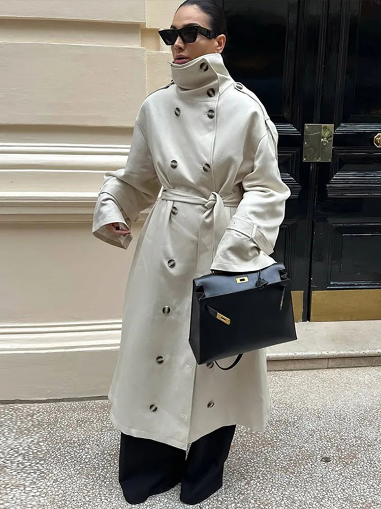 Womens Trench Coat Double Breasted Stand Collar Epaulet Lace Up Long Windbreaker Office Lady Autumn Winter Solid Slim Outerwear 251021