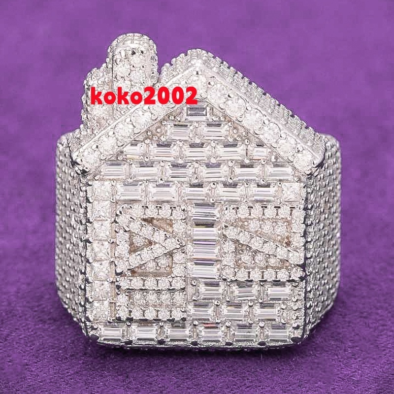 Hip Hop VVS D Color Moissanite Bling Mens Cluster Trap House Ring With 925 Sterling Silver Pass Diamond Tester GRA