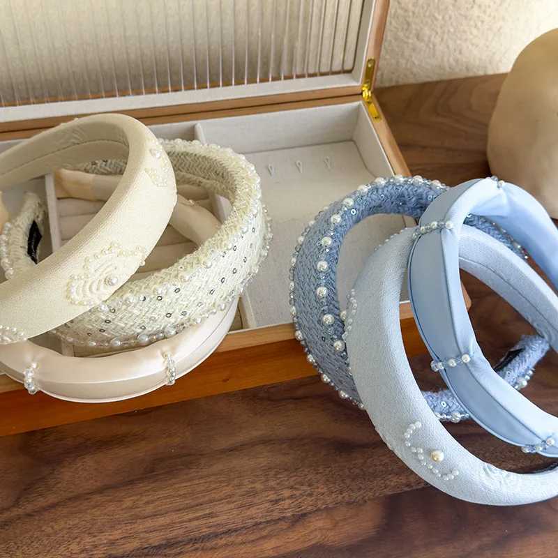 2025 Retro Rose Print Pearl Crystal Headband Women Elegant Hair Band Girl Sweet Beige Blue Hair Hoop Lady Party Hair Accessories V251022