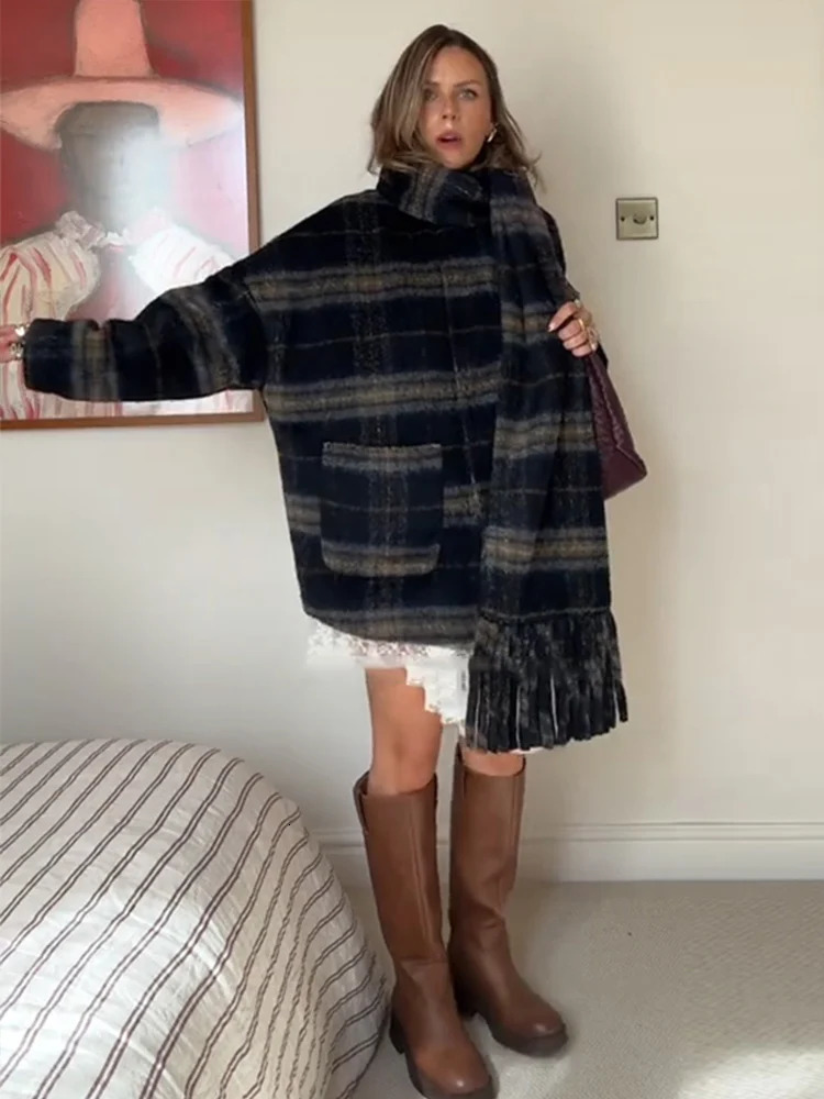 Vintage Outwear For Woman Button Coat Autumn Casual Jacket Y2K Style Plaid Crew Neck Tops Fringe Scarf Knitwear Womens Clothes 251021