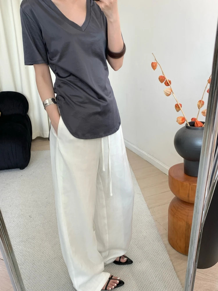 Slack Linen Wideleg Pants Summer Loose Versatile Drawstring Straight White Casual Trousers Korean Fashion 251022