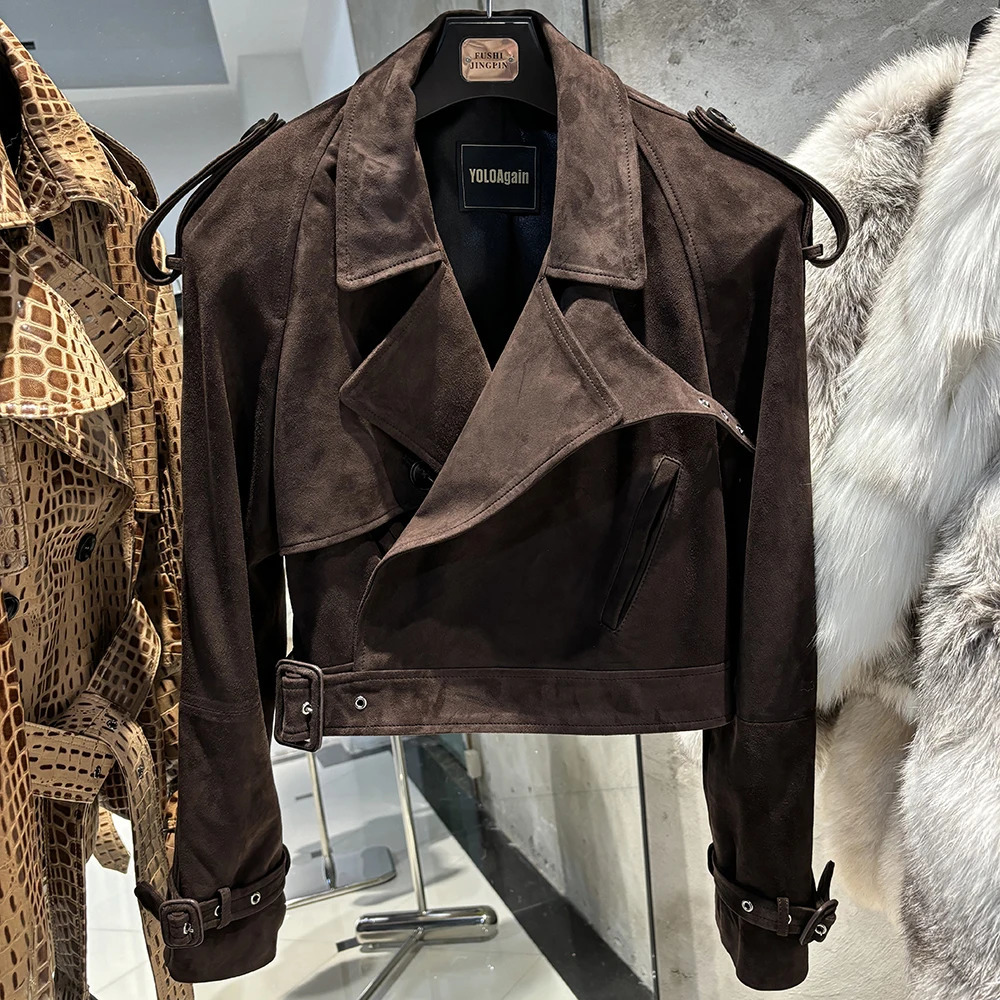 YOLOAgain Long Sleeve Dark Brown Suede Jacket Women Real Leather 251021