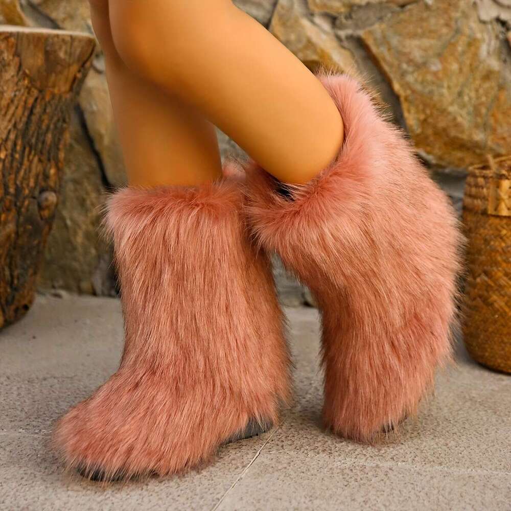 Trendy Fuzzy Faux Fur Plush Thermal Furry Boots, Casual Versatile Flat Wear Resistance Non Slip Snow Shoes
