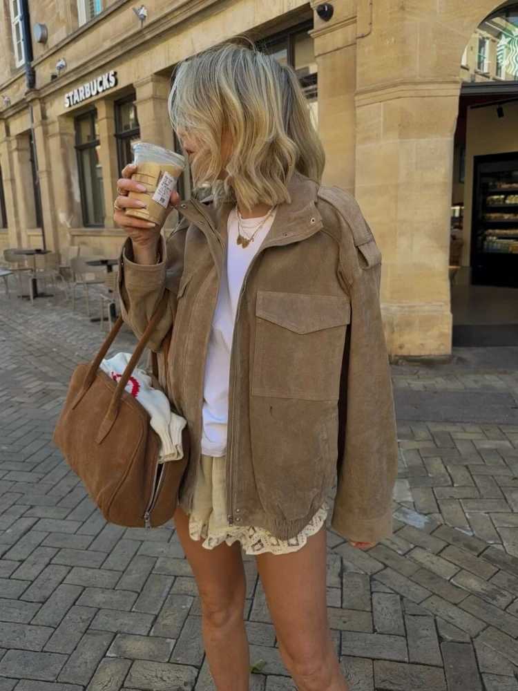 Winter Khaki Suede Leather Womens Jacket Fashion Stand Collar Zippers Pockets Women Coat 2025 Autumn New Female Vintage Outwear1 Y251105