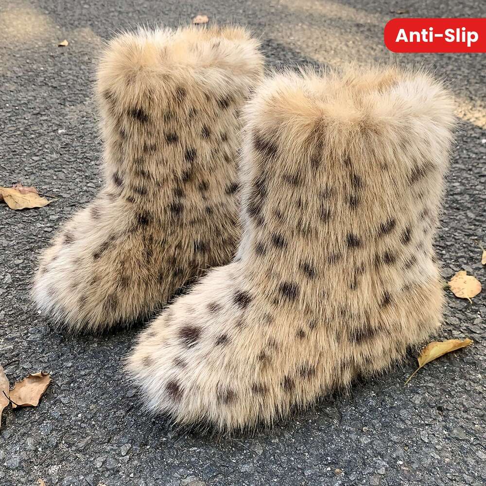 Women's Ry Snow Boots Warm Plush Fabric Lined Anti-Slip Rubber Sole Comfort Fluffy Winter Booties With Thick Platform