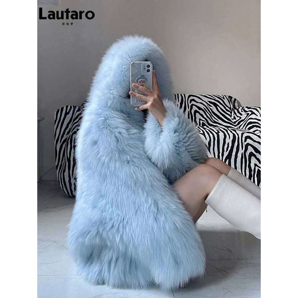 Lautaro Winter Shaggy Hairy Thick Warm Soft Colored Faux Fur Jacket Women with Hood Bat Sleeved Loose Casual Designer Clothes