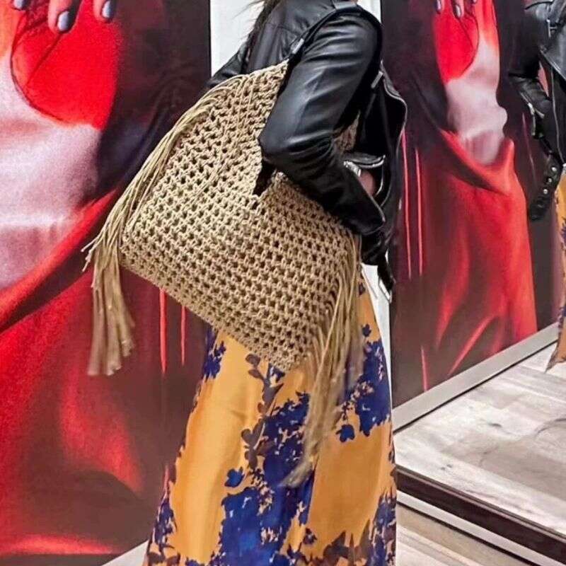 New Trendy Fashion Versatile Tassel Woven Design Color-Block Handbag Shoulder Bag For Women