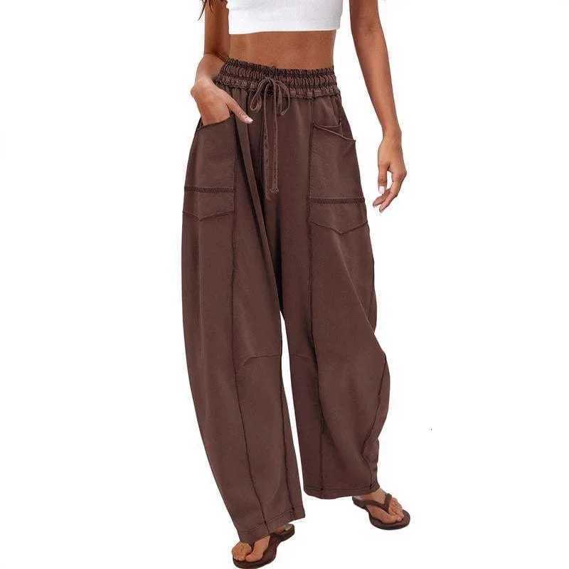 2025 Womens Pants Elastic Waist Drawstring Pocket Fashion High Street Casual Loose Sports Wide Leg PantsT251022