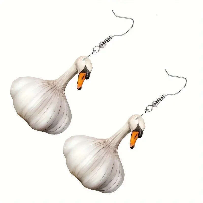 Novelty Garlic Goose Dangle Earrings - Creative Animal - Vegetable Fusion Funny Ear Jewelry New Funny Creative Garlic Duck for Women Fashion Animal Ea