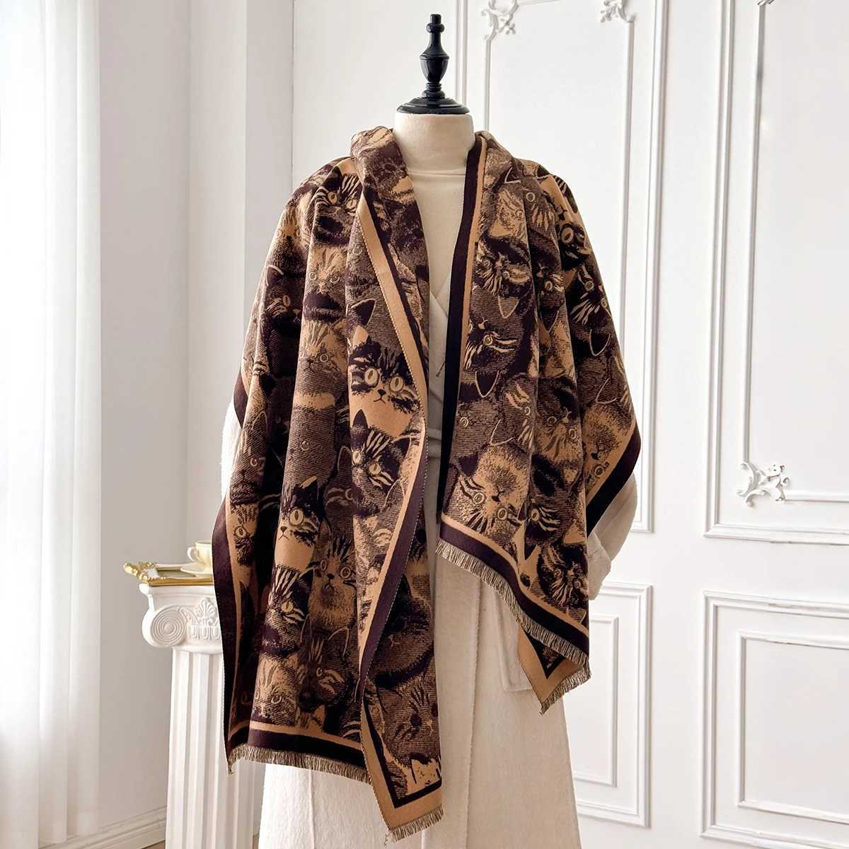 Womens Winter Fashion Warm CatPatterned Imitation Cashmere Poncho Thick Shawl Wrap Bufanda Echarpe Scarf J251129