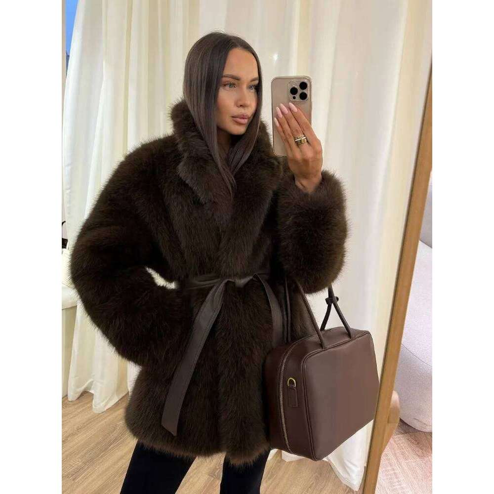 Fashion Women's Lapel Faux Fur Coat with Belt 2025 Winter Long Sleeve Female Thicken Warm Jackets Casual Lady Outerwear Street