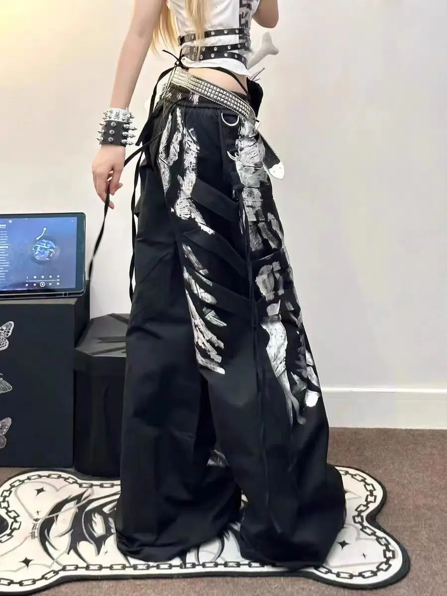 Y2K Grunge Silver Painted Cargo Pants Womens Gothic Drawstring Wide Leg Baggy Streetwear Trousers Female Punk Harajuku Bottoms 251017