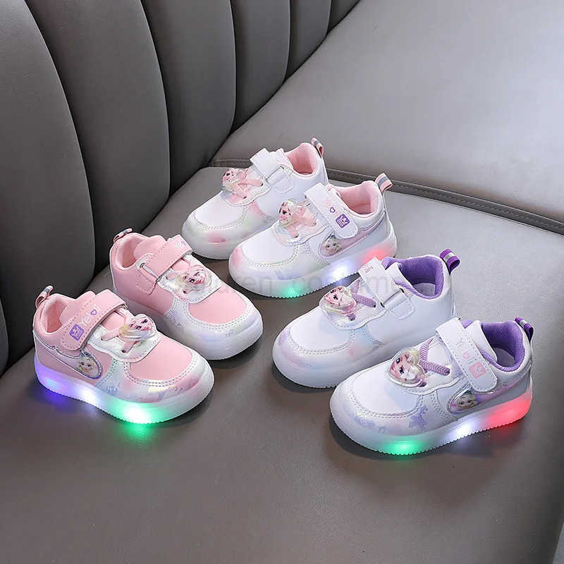 Disney Kids Girls Shoes Children Sneakers Girls LED Light Elsa Frozen Princess Casual Sport Shoes Student Pink Purple Teen Shoes H251022