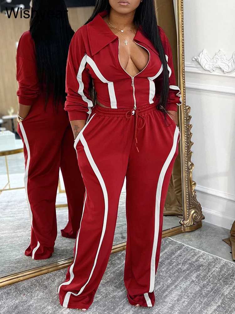 Casual Womens Sportswear 2Piece Set Stripe Patchwork Lapel Long Sleeve Zip Crop Jacket And Wide Leg Pants Tracksuit for FallT251022