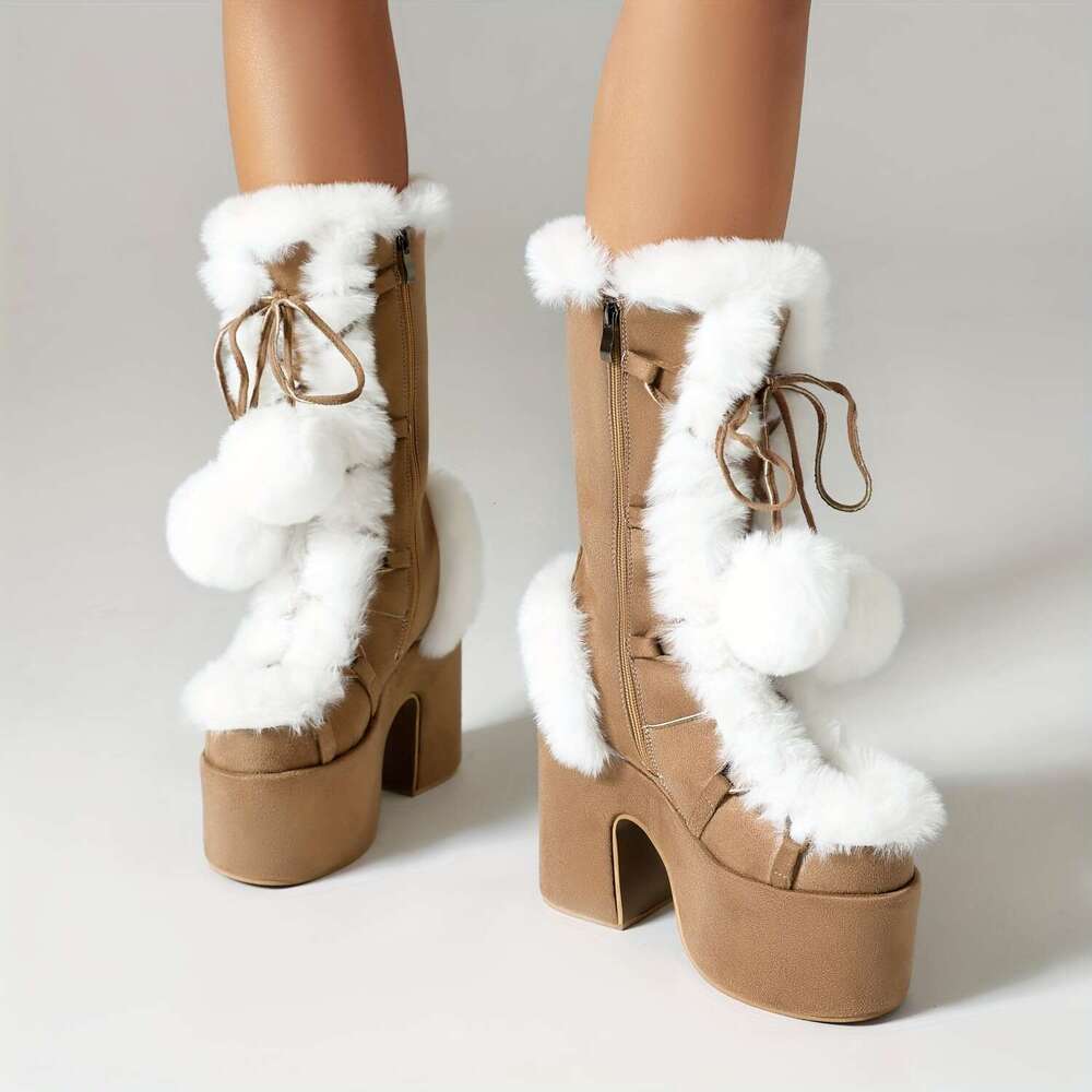 Women's Solid Color Boots, Side Zipper Pull On Platform Warm Plush Lined Chunky Heels, Non-Slip Y2k Fluffy Ball Boots