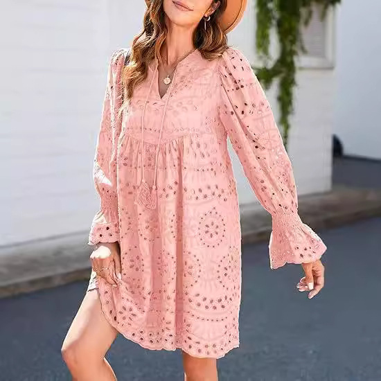 Women's designer fashionable tassel casual dress V-neck long sleeved A-line hollow lace pleated party dress