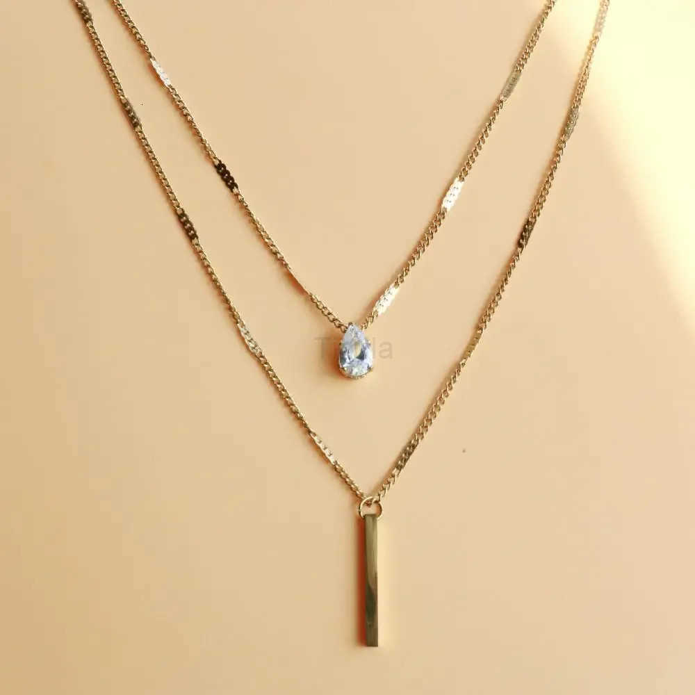 Double Layer Crystal Zircon Pendant Necklace For Women Female Vintage Stainless Steel Choker Chain Neck Wedding Jewelry Gift U251022