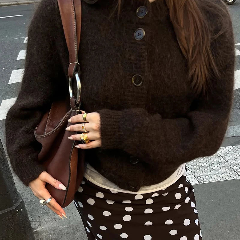 Autumn Winter Womens Cardigan Wool Sweater Retro Solid Color Round Neck Long Sleeved Loose Casual Versatile Top ropa mujer 251021