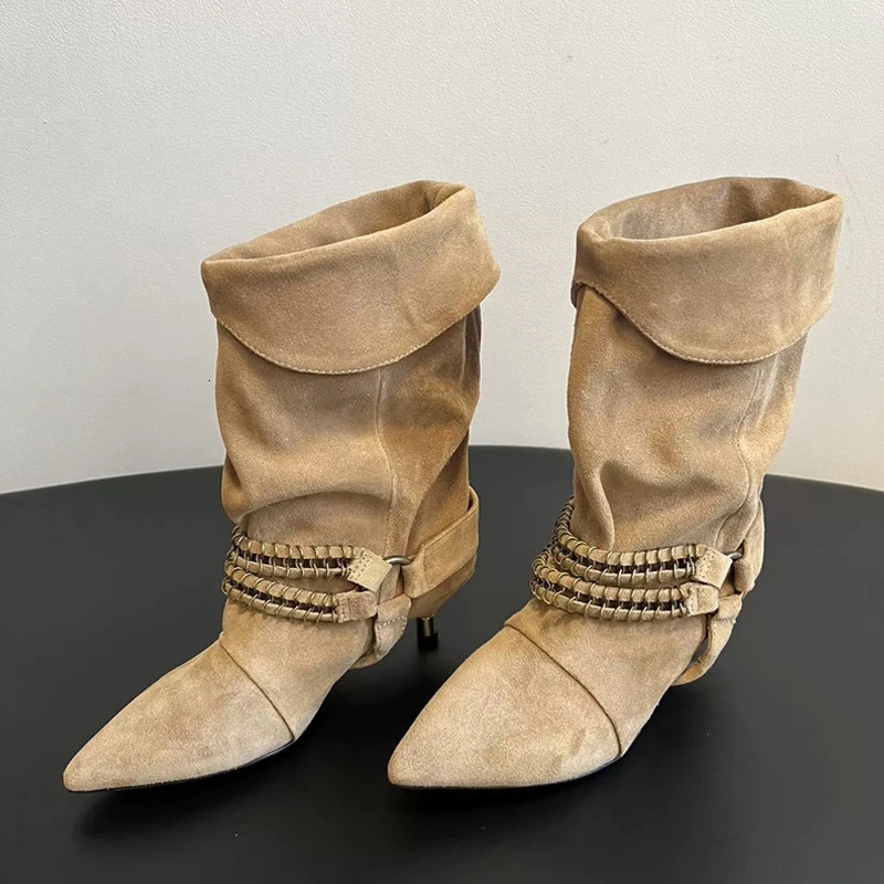 Liyke Fashion Chain Metal Buckle Mid Calf Boots Woman Vintage Pointed Toe Strange Low Thin Heel Autumn Winter Ladies Shoe 251020