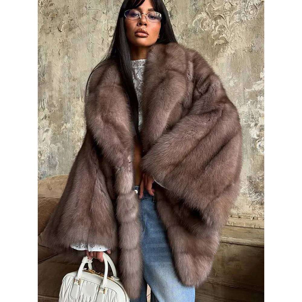 Women Fluffy Faux Fur Coat Fashion Lapel Long Sleeve Loose Pleated Jackets 2025 Winter Female Chic High Street Outerwear