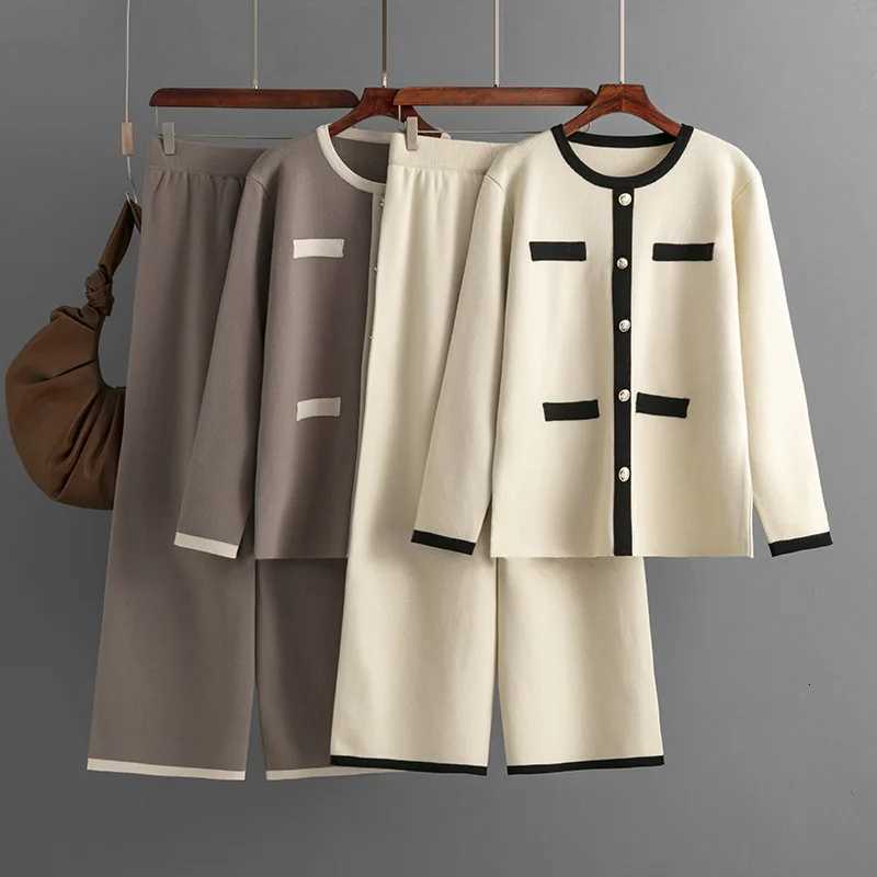 HLBCBG Autumn Casual Sweater Knitted Suits O Neck Loose PulloverSolid Wide Legs Long Pants Women Streetwear Knitted SetsT251022