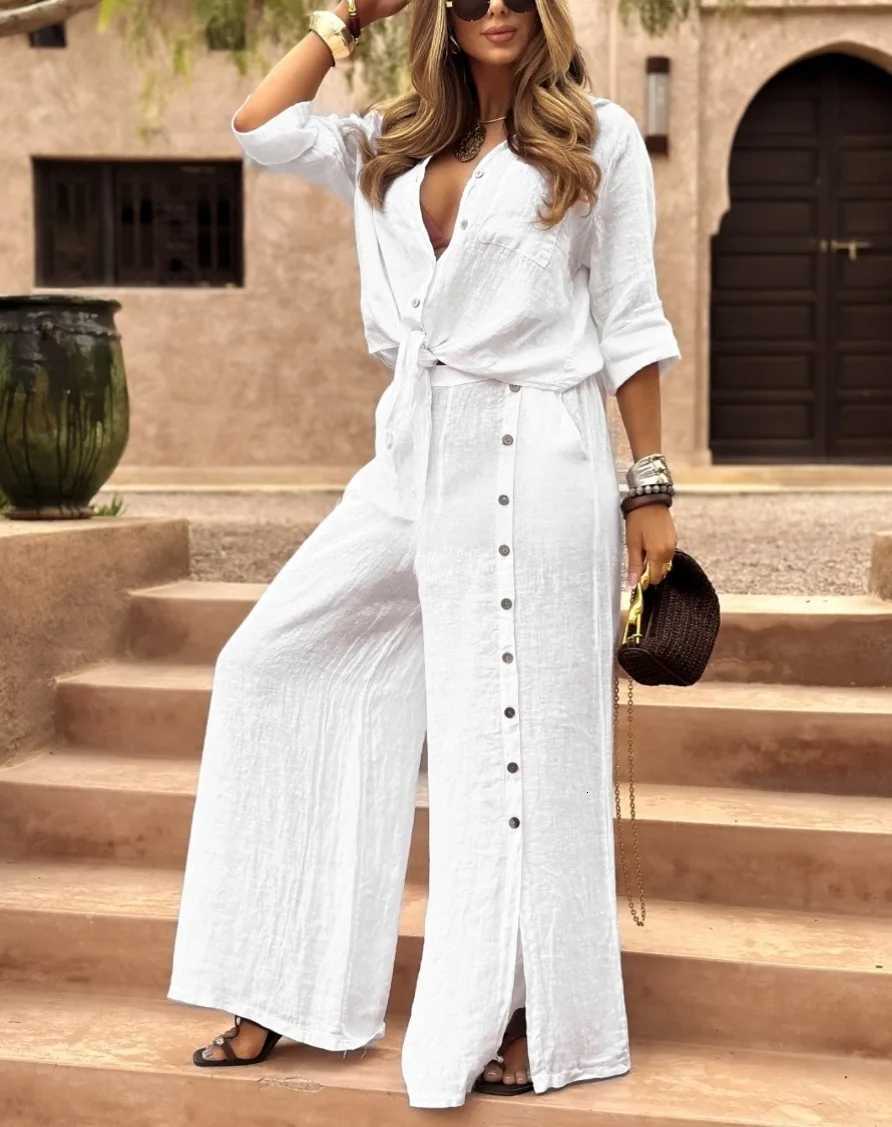 Pant Set Women Two Piece Sets Turn Down Collar Full Sleeve Shirt Tops Wide Leg Long Pants High Waist Y2k Streetwear ElegantT251022