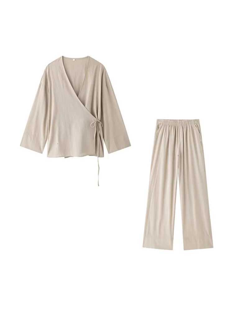 Women Fashion With Tied Loose Kimono Blouses And High Elastic Waist Side Pockets Pants Female Two Piece Sets MujerT251022